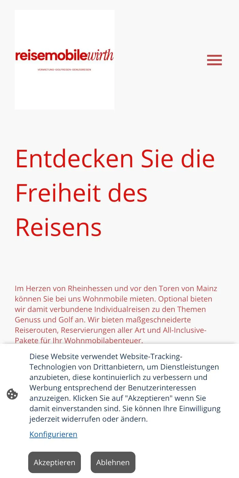 Startseite von reisemobile-wirth.de auf dem Handy: über der halben Bildfläche liegt ein Einwilligungs-Dialog zu Tracking-Technologien