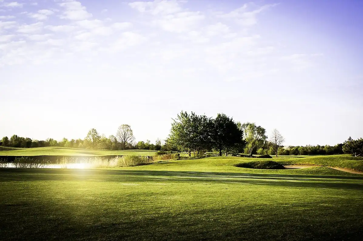 Golfplatz im Morgenlicht mit Bäumen und Wasserhindernis
